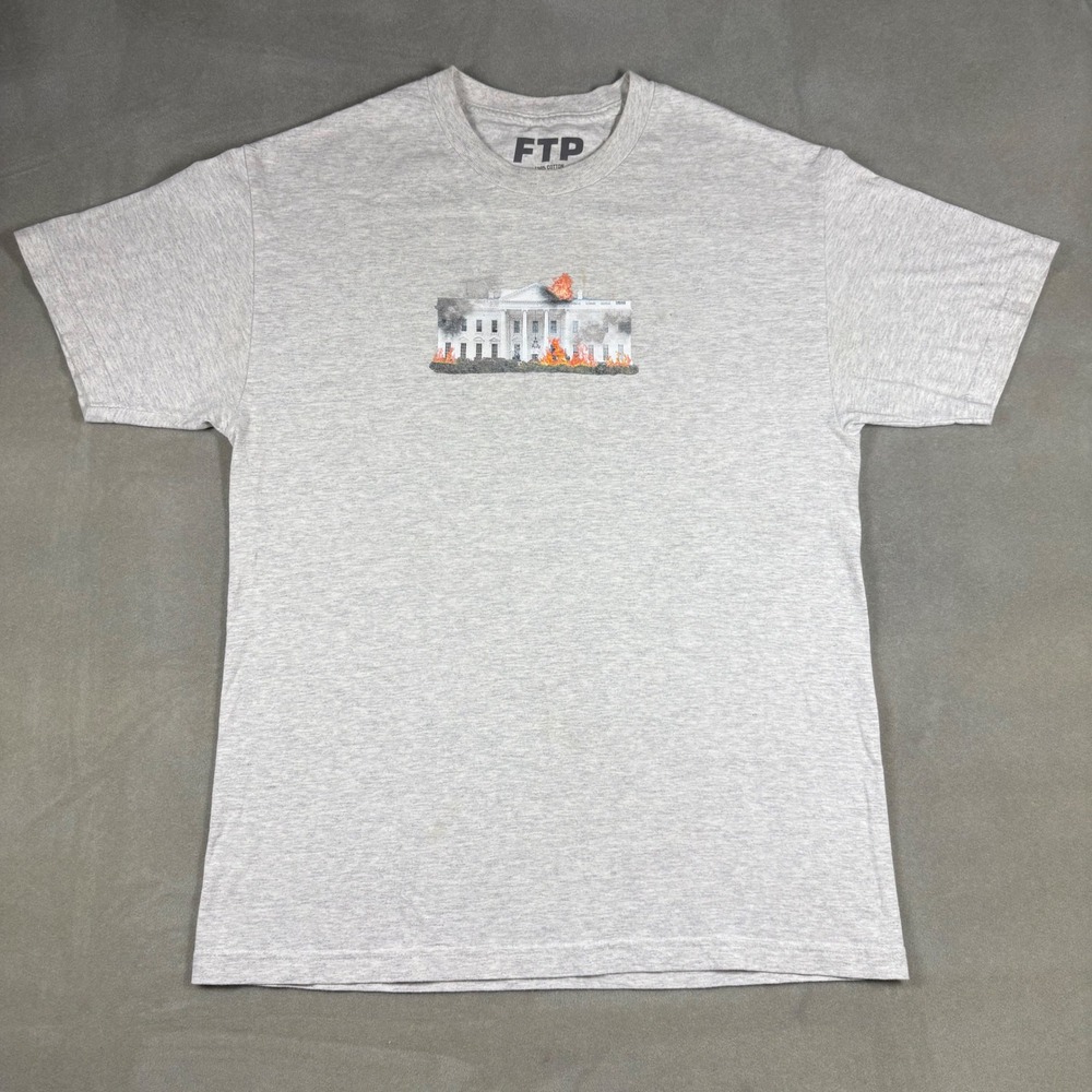 FTP White House on Fire Graphic Tee Heather Gray Mens Large Streetwear T-Shirt